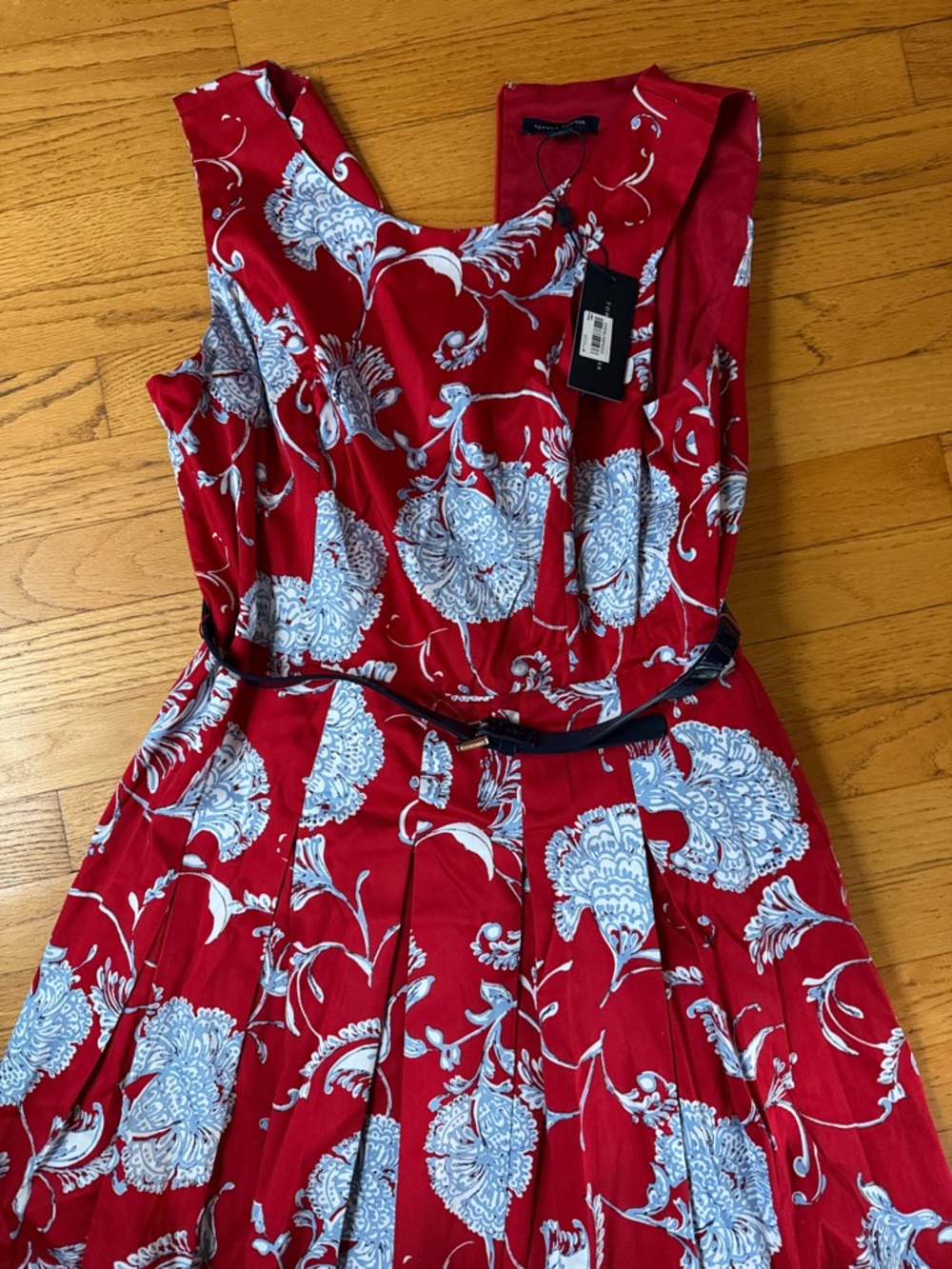 Tommy Hilfiger Red Midi Dress with Light Blue Floral Print